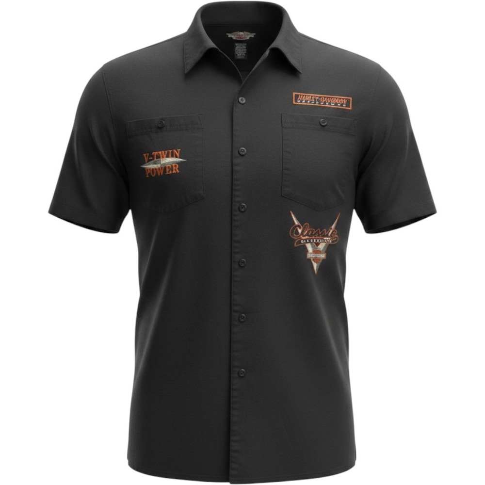 Harley Davidson Mens XL Black V-Twin Power Short Sleeve Button Up Work Shirt